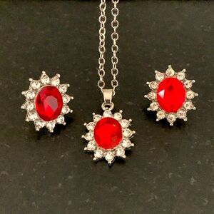 Ruby Red Oval Pendant Necklace & Stud Earring Set with CZ Halo in Silver Tone